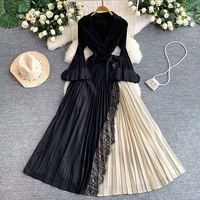 Robe élégante pour femme avec dentelle, patchwork, col en V, volants, manches cloche, plissée, pour soirée, fête, vacances, usage quotidien
