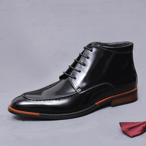 Men's handmade lace-up formal pointed-toe leather boots with shiny zipper, short boots, cowhide high-top men's <b>shoes</b> - Product Image 6
