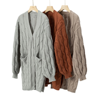 Nouveau design personnalisé – Cardigan en maille torsadée mi-long pour femme – Pull décontracté et ample de style vintage – Manteau en maille pour femme
