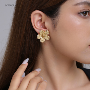 Handwoven Flower <b>Studs</b> | Raffia Braided Petal 18K PVD Gold Stainless Steel Base <b>Earrings</b> | Waterproof Hypoallergenic & Durable - Product Image 3