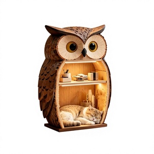 Station d'alimentation moderne en forme de hibou pour animaux de compagnie, armoire de rangement en bois pour chiens et chats avec lumière LED, en kit, faible MOQ - Product Image 1