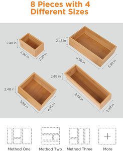 Nuovo Set di 8 vassoi per <span class=keywords><strong>cassetti</strong></span> da <span class=keywords><strong>scrivania</strong></span> divisore di scatole di immagazzinaggio in bambù con organizzatore di Make-up 4 per camera da letto della cucina dell'ufficio - Product Image 2