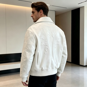 High Fashion <strong>White</strong> Embossed Leather Bomber <strong>Jacket</strong> with Quilted Lining <strong>Men's</strong> <strong>White</strong> Faux Leather Bomber <strong>Jacket</strong> Full-Zip Streetwear - Product Image 4