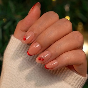 Uñas Postizas de Gel Suave con Diseño 3D de Cereza Nude, Venta al por Mayor, Uñas Postizas de Lujo Cortas con Punta Francesa en Forma de Almendra - Product Image 1