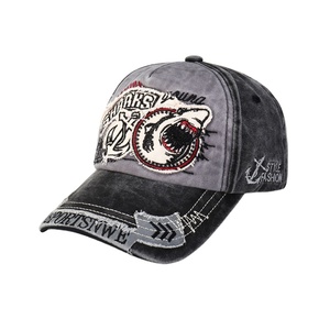 Gorra de béisbol de 6 paneles, 100% algodón twill, personalizada, deportiva, con parche de sol, logotipo de tela, efecto desgastado, lavado Shark - Product Image 1