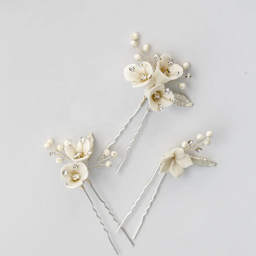 Neueste handgemachte Phantasie Hochzeit Braut Perle Kristall weiße Blume Haarnadeln