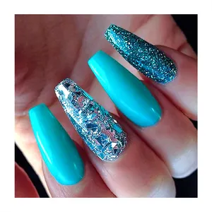 Good Quality Long Press On Coffin Nails Simple Light Blue Tips Glitter Tips Dazzling Jewel Fake Nails Full Cover Press On Nails