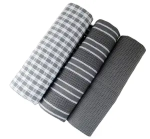 Grey 3-Piece Set 100% Soft Cotton Waffle Woven Kitchen Towel Reusable Bar Bowl Towel for Cleaning Table 45cm x 65cm