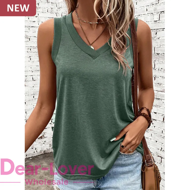 Dear-Lover Wholesale Private Label Fashion V Neck Women Basic Tops Sleeveless Summer Knit Ribbed Tank Top