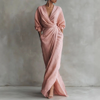 Robe unie élégante pour femme, col en V, avec ceinture croisée à nouer, idéale pour les fêtes et le quotidien, style mode, prête à être expédiée.