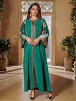 Robe longue musulmane élégante et respirante en tissu léger avec bordure dorée, broderie florale à sequins, manches longues, taille plus, pour femmes