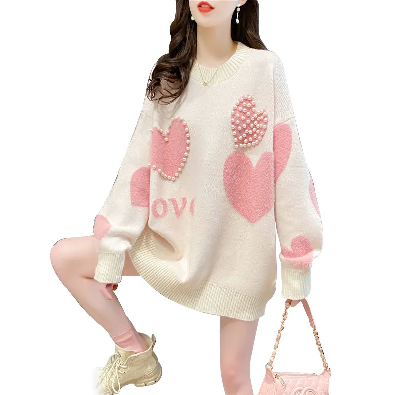 2021 Spring Autumn New Arrival fashion women loose young ladies lazy style Pearl sweater