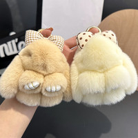 Nouveau design, mini porte-clés en fourrure de lapin Rex véritable de 12 cm, adorable porte-clés en peluche moelleux avec nœud, charme de lapin pour les femmes, accessoires de sac et jouets cadeaux