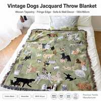 Tapisserie Vintage Motif Chiens (Teckel, Labrador, Corgi, Caniche) Jacquard à Franges Réversible pour Canapé, Lit, Mur – Cadeau pour Amateurs d'Animaux