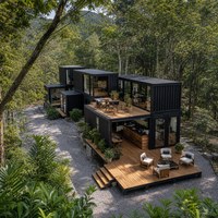Maison mobile modulaire à ossature en acier avec terrasse et façade ouverte, design inspiré des conteneurs