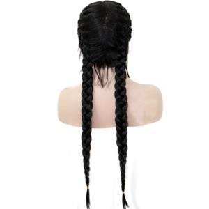 Peluca trenzada de pelo largo y recto, conjunto de pelo negro Mengtong, encaje frontal de fibra química a la moda, 1 pieza, tamaño medio <span class=keywords><strong>corto</strong></span>, 60cm - Product Image 3