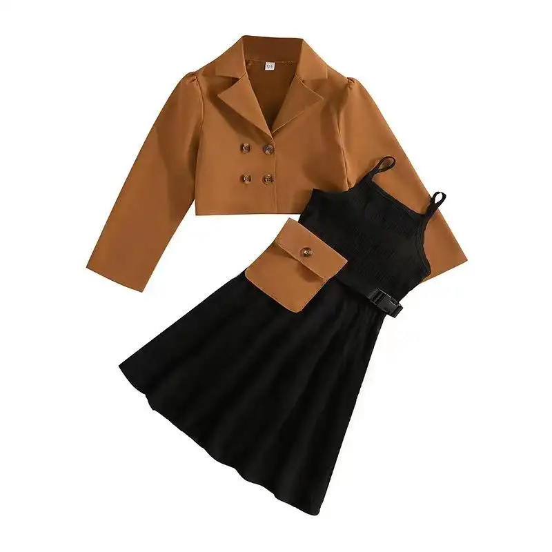 Conyson 새로운 디자인 패션 키즈 세 조각 의류 세트 재킷 원피스 도매 단색 소녀 여름 옷 가방 세트