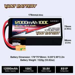 Vant 8S-HV 드론 배터리 12000mah 30.8V 100C 8S <span class=keywords><strong>Lipo</strong></span> 배터리 XT90S 플러그 배터리 드론 7/10/13/15 인치 FPV - Product Image 4