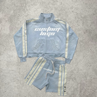 Conjunto de Sudadera con Capucha Corta y Pantalones Cortos para Hombre, Estilo Y2K Streetwear, Personalizado, de Alto Gramaje, con Lavado Ácido, Pedrería y Efecto Desgastado, con Cremallera