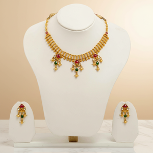 Elegant traditional gold <b>necklace</b> <b>set</b> with red and green stones and matching earrings perfect for weddings festive occasion - Product Image 3