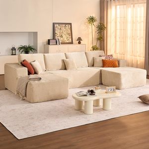 Divano Sezionale Moderno a U da 341 cm Beige con Doppia Chaise Longue, in Corduroy, Memory Foam, Seduta Profonda, Modulare, Spedizione Gratuita dagli USA - Product Image 1
