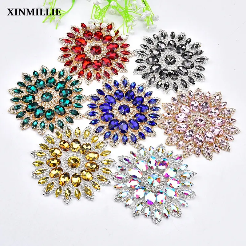 High Quality Crystal AB Rhinestone Flower Applique Wedding Dress Decoration Glass Strass Patches Sewing For Bags Garment DIY