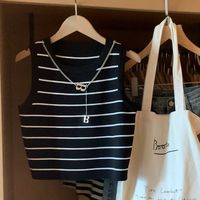 Chandails en soie d'été pour femmes de haute qualité nouveau mince contraste couleur rayé mode sans manches tricoté gilet hauts