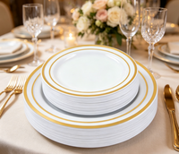 Assiettes en plastique blanches avec double bordure dorée, jetables, robustes, pour fêtes, mariages, banquets, anniversaires, traiteur