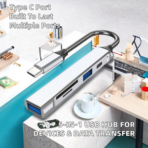 Supporta il trasferimento di dati da telefono, computer, laptop, chiavetta <span class=keywords><strong>USB</strong></span> e scheda <span class=keywords><strong>SD</strong></span> tramite OTG. Hub 5-in-1 Type-C con <span class=keywords><strong>convertitore</strong></span> <span class=keywords><strong>USB</strong></span> disponibile in magazzino. - Product Image 2