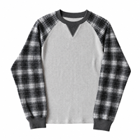 T-shirts thermiques gaufrés à manches raglan à carreaux de haute qualité OEM ODM, T-shirts rétro à manches longues en tricot gaufré avec points en V, vêtements streetwear