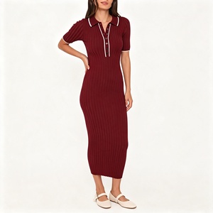 Abito Lungo Elegante da Donna <span class=keywords><strong>in</strong></span> <span class=keywords><strong>Maglia</strong></span> <span class=keywords><strong>Bordeaux</strong></span> a Maniche Corte, <span class=keywords><strong>Vestito</strong></span> Aderente e Sottile alla Moda - Product Image 2