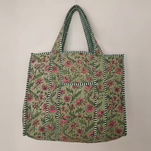 Handmade Indian Cotton Quilted Shoulder <b>Bag</b> Large <b>Green</b> Floral Print Tote Eco-Friendly Stylish for Travel, Shopping & Daily Use - Product Image 1