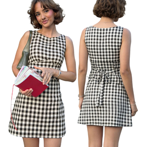 Robe tricotée mini trapèze écologique lavable à carreaux contrastants pour femme, sans manches, avec ceinture à nouer, coupe classique, idéale pour l'été et les occasions décontractées - Product Image 1