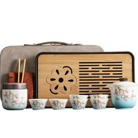 Service à thé Kung Fu chinois, nouveau style chinois, en céramique sous glaçure, motif fleur de glycine, sac en cuir, pour voyage en extérieur, vente en gros