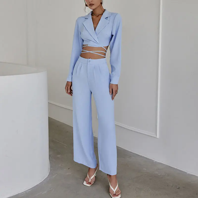 Lace-up cropped trousers long-sleeved suit collar fashionable temperament slim women's two piece sets