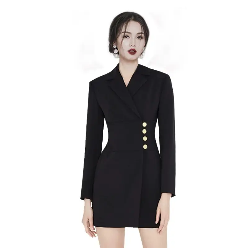 Baby with the same autumn and winter new metal button suit skirt waist slim single breasted solid color dress female