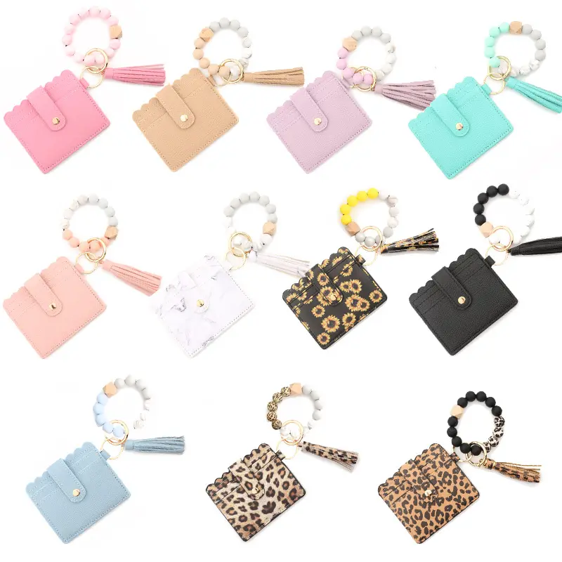 2022 Hot Sell custom Bangle ID Card Holder beaded Key Ring Pu Leather Tassel Wristlet Silicone Beads Bracelet Wallet keychains