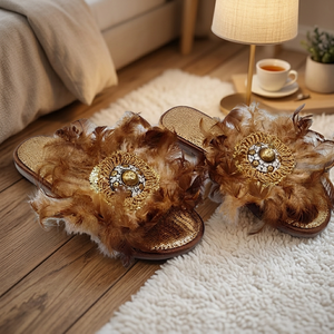 European Beaded Women's Genuine Leather <b>Flats</b> Sandals TPR Sole Crystal Brooch Ethnic Boho Platform Style Natural Upper Spring - Product Image 2