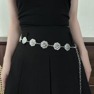 Cadena de cintura retro para mujer, de metal, ajustable, con diseño de círculo hueco, para decoración de vestidos, con hebilla metálica de moneda, cinturón accesorio - Product Image 2