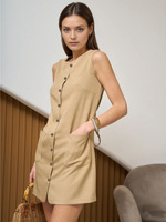 Robe Courte Sans Manches pour Femme, Col Rabattu, Couleur Unie, avec Boutons Ceinture, Tendance Estivale
