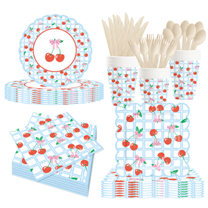 Juego de Vajilla Desechable DAMAI con Diseño de Cereza para Fiestas Infantiles, Platos, Vasos y Servilletas de Papel en Color Azul Claro - Product Image 2