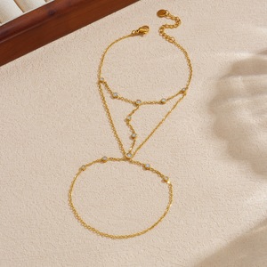 Minimalist Gold Plated Stainless Steel Chain <b>Bracelet</b> Ring <b>Set</b> With Diamond Inlay Geometric Design For Fashion Jewelry - Product Image 2