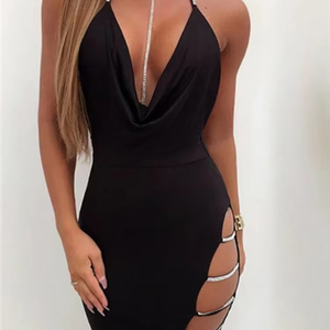 Sexy escote en V profundo de corte bajo con abertura lateral de plata vestido ajustado de las mujeres elegante espalda descubierta sin mangas Mini vestido Club Vestidos de fiesta - Product Image 1