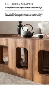 Square Solid Wood Coffee Table Wabi-Sabi Inspired 360 <b>Rotation</b> Ornamentation Deep Texture Cutout Design Home Hotels - Product Image 6