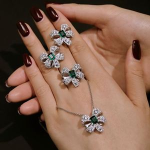 Dylam Stylish 925 Sterling Silver Rhodium Plated Rectangle <b>Emerald</b> Green 5A Cubic Zirconia Bow Knot Pendant <b>Necklace</b> for Women - Product Image 2