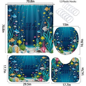 4 Uds. Accesorios de baño de animales marinos de lujo, cortina de ducha impermeable, alfombrilla de baño antideslizante, alfombra absorbente, cubierta de tapa de inodoro de lujo - Product Image 2