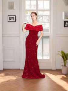 Vestido de noche de un solo hombro, nuevo estilo, diseño de cola de pez, vestido de fiesta con lentejuelas, sexy y elegante, vestidos largos - Product Image 2