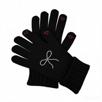 Gants tricotés unis à doigts entiers, design cœur orné de diamants et nœud papillon, pour femme, chauds, pour sports d'hiver en extérieur