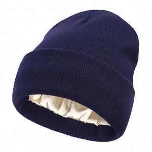 Custom Promotional Cuffed Knitted Silk Satin Inside Lined Beanies <b>Hat</b> With Logo - Product Image 2
