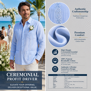 Camisa Guayabera para Hombre, de Algodón, Manga Larga, Bordada, Estilo Cubano, para Ceremonias de Boda y Eventos Formales de Negocios - Product Image 2